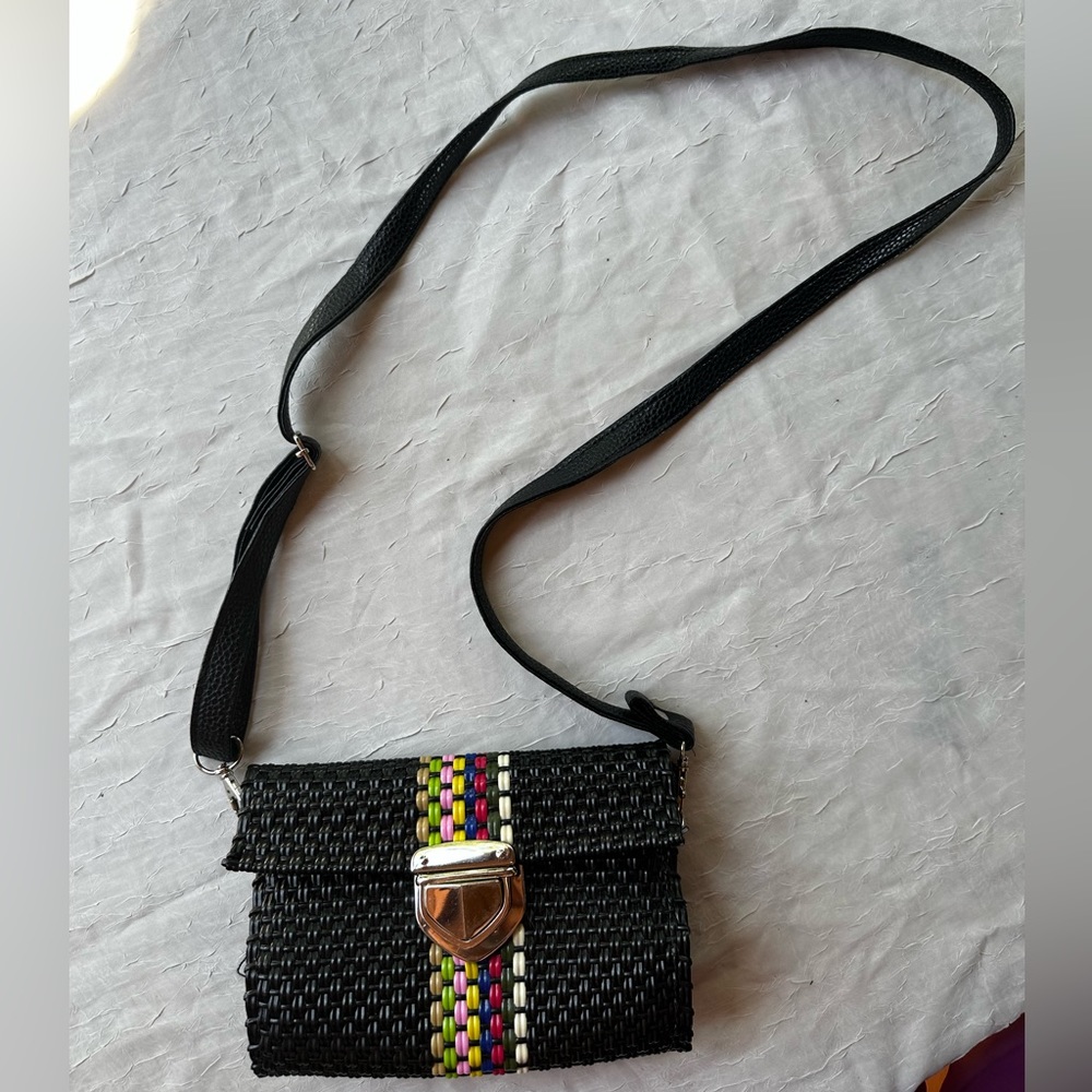 Artisan Mexican Handmade Woven Plastic Black Tote Handbag Boho Purse Bag